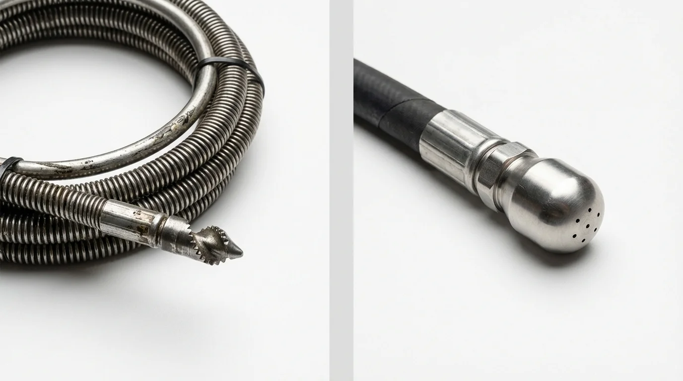 Drain snake cable and hydro jetting nozzle used for drain cleaning in Oakland, ME