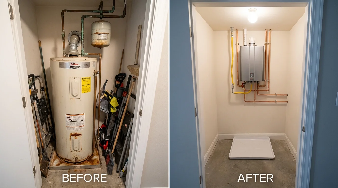 Tank water heater versus wall-mounted tankless unit comparison for Oakland, ME homeowners