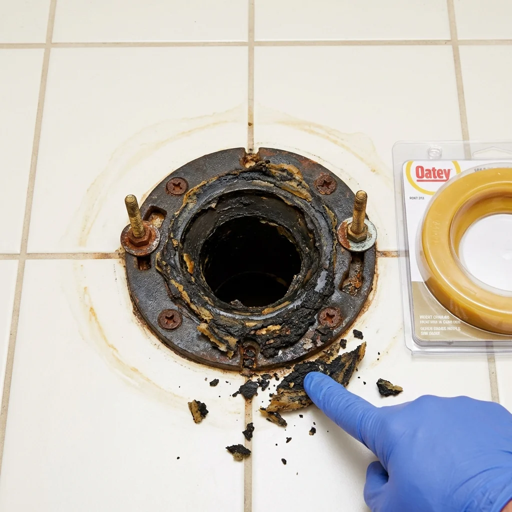 Failed wax ring showing water seepage at the base of a toilet in a Oakland, ME home