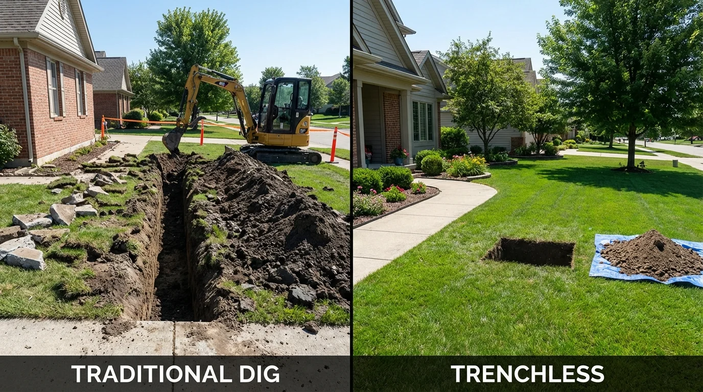 Trenchless sewer repair with minimal yard damage versus traditional excavation in Oakland, ME